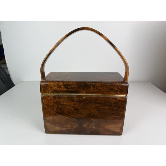 Wilardy Wood Grained Lucite Purse Handbag Vtg Authentic Handle Flower Clasp 50s - Picture 2 of 16